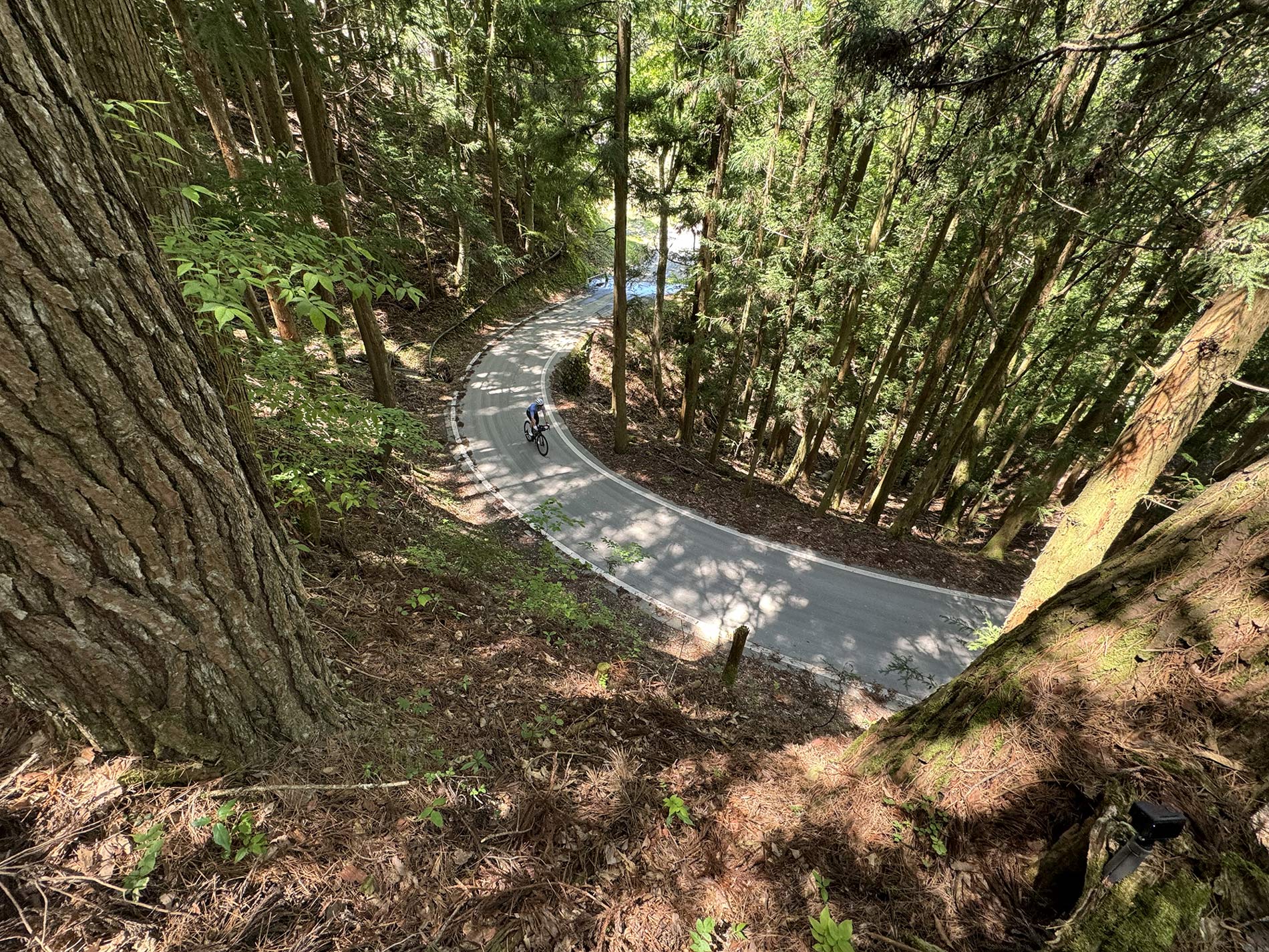 cyclists on a curvy mountain road in japan.