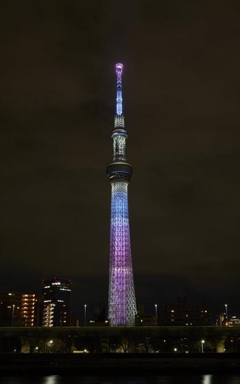 Skytree at night. Some buildings and a road can be seen.
