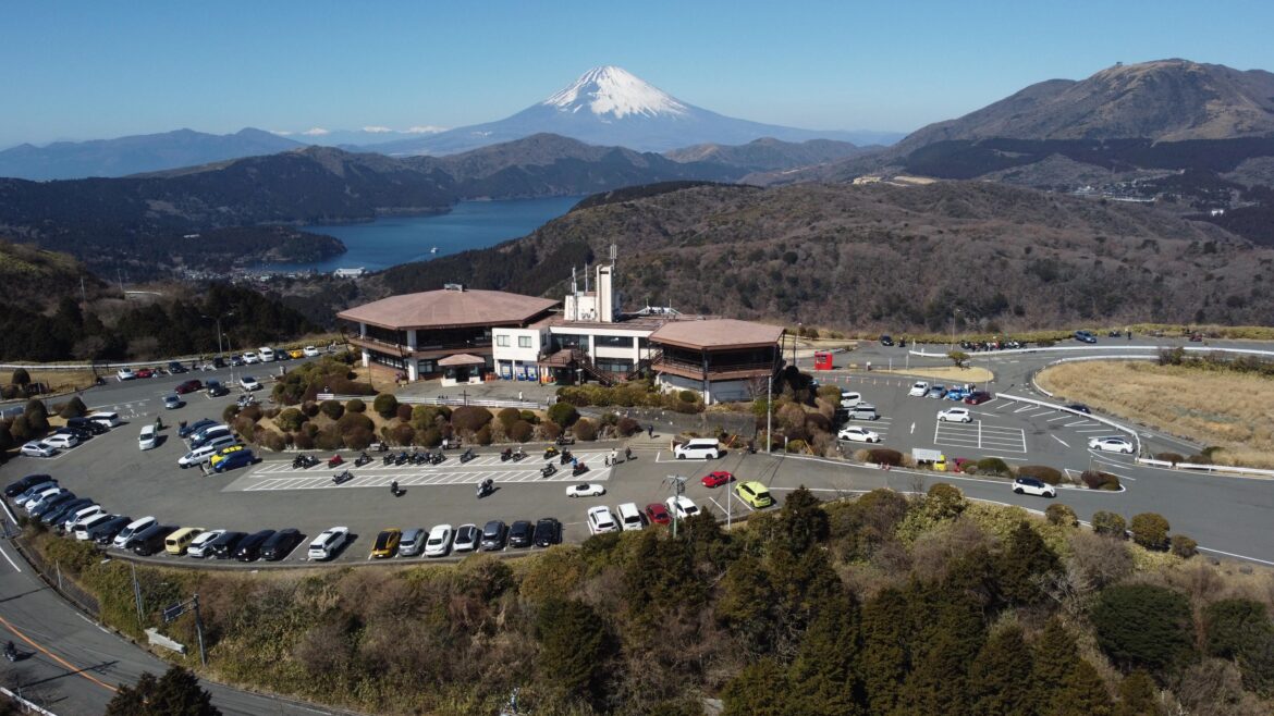 Top of Hakone Turnpike, Anesta Sky Lounge, Ashinoko and Mt Fuji. Taken 0n 01/03/25 with drone DJI Mini 2