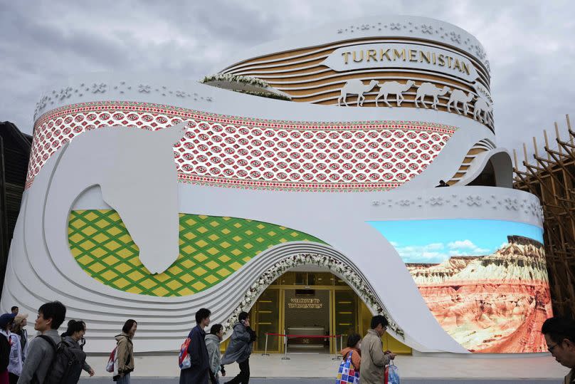 The pavilion of Turkmenistan is seen on the opening day of the Expo 2025 in Osaka, central Japan, Sunday, April 13, 2025