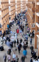 The Grand Ring, the symbol of the Expo 2025 Osaka, Kansai, is seen crowded with people in Osaka's Konohana Ward on April 13, 2025, the opening day of the event. (Mainichi/Tadashi Kako)