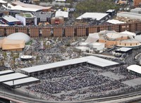 The Expo 2025 Osaka, Kansai attracts crowds on the opening day of the event, as seen in this photo taken from a Mainichi Shimbun helicopter, April 13, 2025, in Osaka's Konohana Ward. (Mainichi/Takao Kitamura)