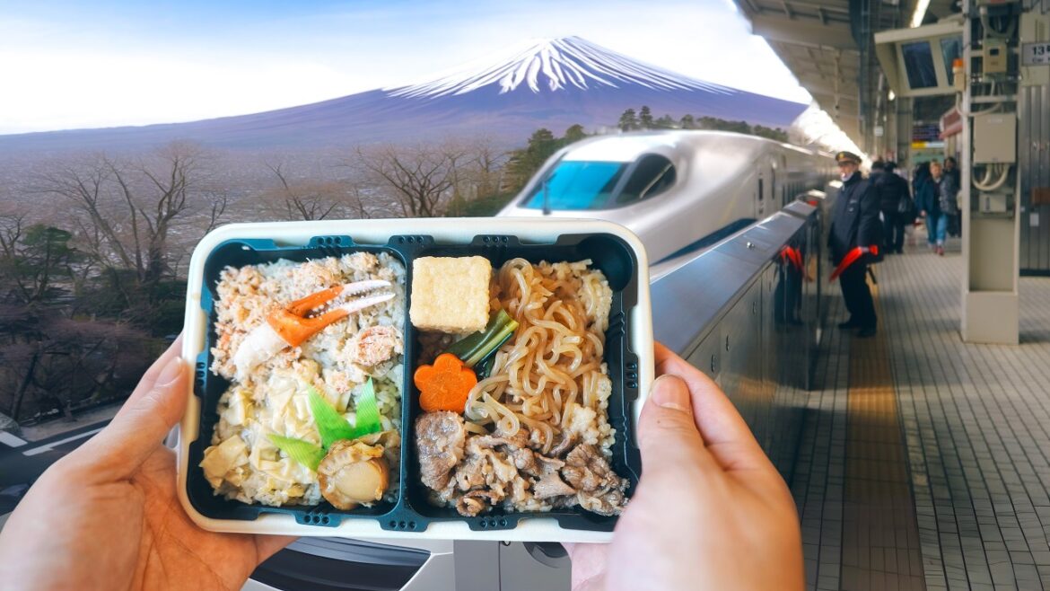 Self Heating food on Japanese Bullet Train with Mount Fuji View