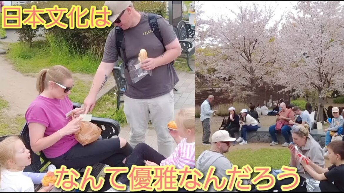 日本の文化はなんて優雅なの。満開の桜のもとで花見を堪能する外国人観光客。大阪城