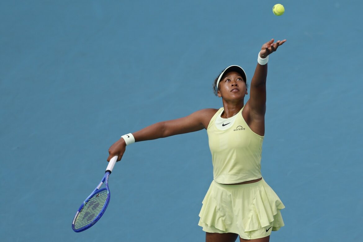 Mar 24, 2025; Miami, FL, USA; Naomi Osaka (JPN) serves against Jasmine Paolini (ITA)(not pictured) on day seven of the Miami Open at Hard Rock Stadium.