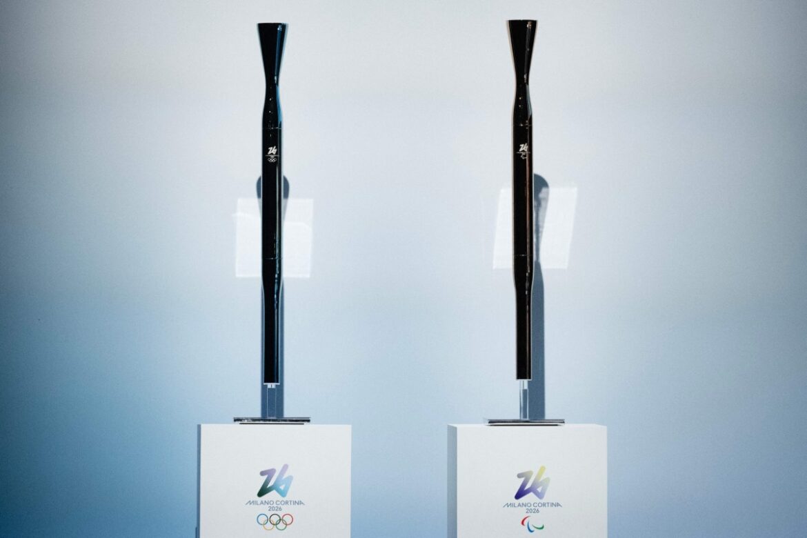 Winter Olympics torch unveiled in joint ceremony in Milan and Osaka A picture shows the torches for the Milano Cortina 2026 winter olympic (L) and paralympic (R) games during the unveiling ceremony in Milan on April 14, 2025. (Photo by MARCO BERTORELLO / AFP)
