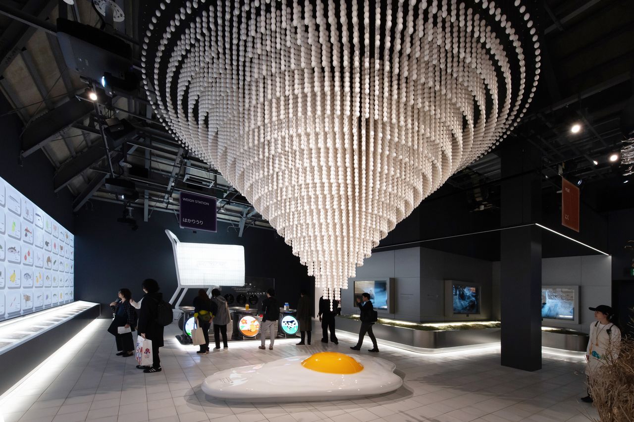 A chandelier made up of 28,000 model eggs, representing the total number Japanese people are thought to eat during their lives. (© Nippon.com)