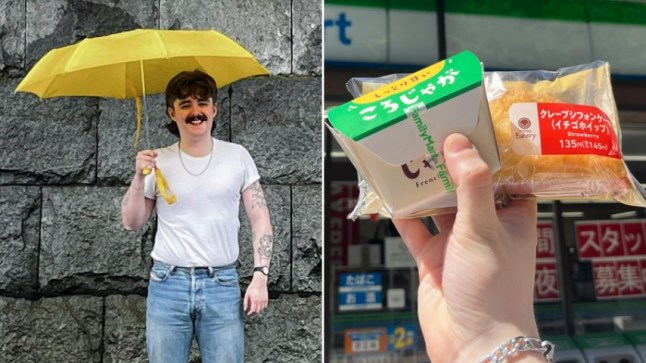 Left, Metro's Josh Milton holds a yellow umbrella and right, he holds two convenience store rice balls outside a Family Mart shop in Osaka, Japan