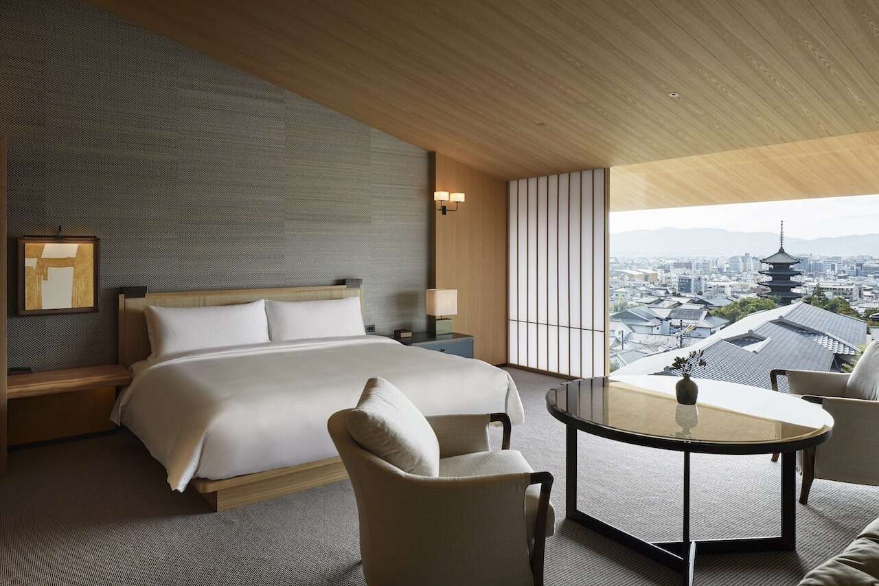 bedroom with a city view