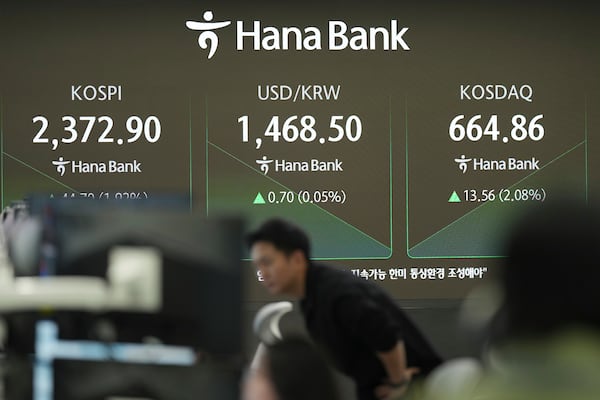 A currency trader watches computer monitors near the screens showing the Korea Composite Stock Price Index (KOSPI), left, the foreign exchange rate between U.S. dollar and South Korean won, center, and the Korean Securities Dealers Automated Quotations (KOSDAQ) at a foreign exchange dealing room in Seoul, South Korea, Tuesday, April 8, 2025. (AP Photo/Lee Jin-man)