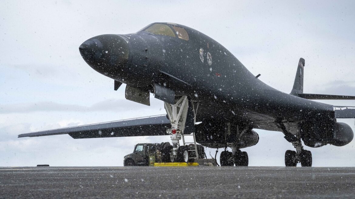 A U.S. Air Force B1-Lancer assigned to the 34th Expeditionary Bomb Squadron sits on a runway during post-flight maintenance in support of Pacific Air Forces’ Bomber Task Force mission at Misawa Air Base, Feb. 20, 2025. Through combined training, the U.S. and intercontinental defense forces work together to promote interoperability, thus furthering our investments and strengthening our relationships.