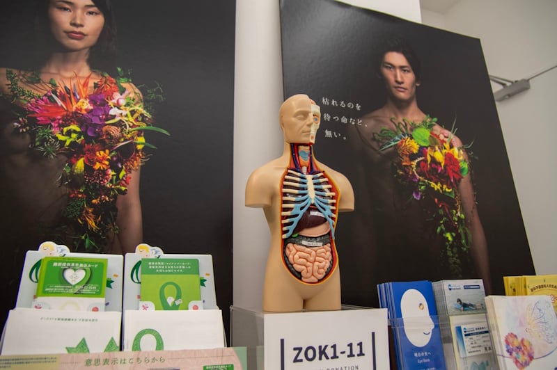 Booth area for Zok1-11 on organ donation, featuring a human anatomy dummy and a poster that reads, "There is no life we can wait to expire" 
