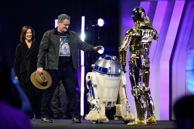 Film producer Kathleen Kennedy, left, and director Dave Filoni are...