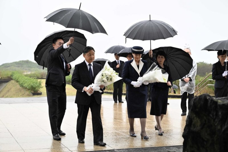 Japanese Emperor Naruhito and Empress Masako visited Iwo Jima on Monday to kick off a tour of memorial sites to mark the 80th anniversary of the end of World War II. Photo by Jiji Press/EPA-EFE