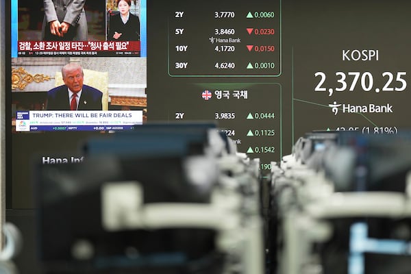 The screens show the Korea Composite Stock Price Index (KOSPI), right, near the screen showing President Donald Trump during a news reporting at a foreign exchange dealing room in Seoul, South Korea, Tuesday, April 8, 2025. (AP Photo/Lee Jin-man)