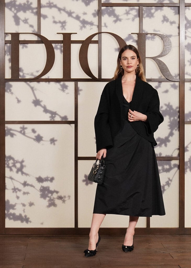 Lily James attends during the Dior Fall 2025 Show at Toji Temple 