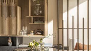 seating area with natural surfaces and minimal wooden screen in four Seasons Osaka