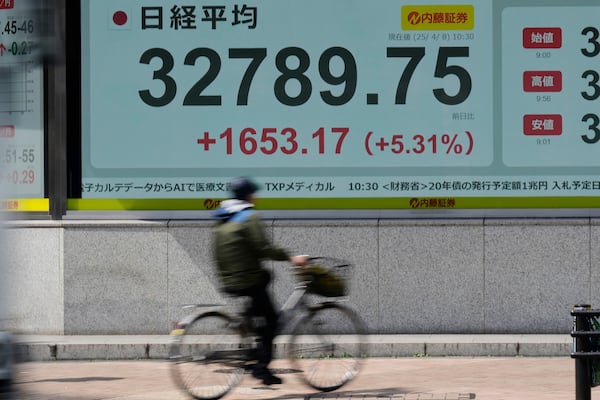 A man rides a bicycle past monitors showing Japan's Nikkei 225 index at a securities firm in Tokyo, Tuesday, April 8, 2025. (AP Photo/Hiro Komae)