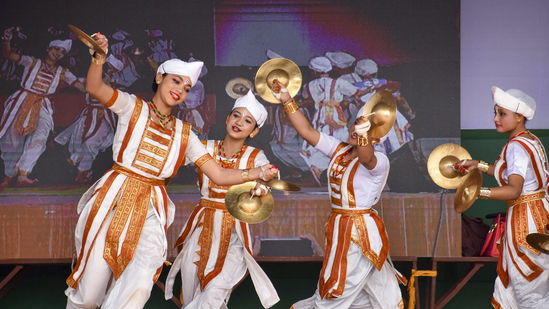 Nagaon: Satriya dancers perform Bhortal Nritya during a cultural event, in Nagaon district of Assam, Tuesday, Jan. 28, 2025. (PTI Photo) (PTI01_28_2025_000290A)(PTI)