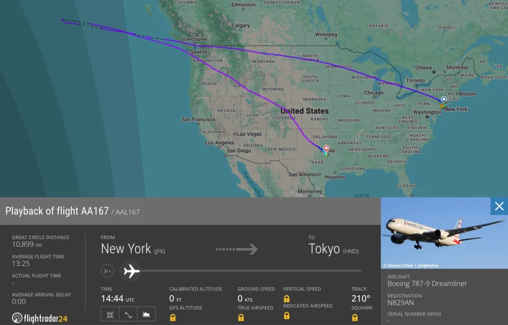 American Airlines (AA) flight from New York's John F Kennedy International Airport (JFK) to Tokyo Haneda (HND) diverted to Dallas Fort-Worth Airport (DFW) after being airborne for over 13 hours on March 31, 2025.