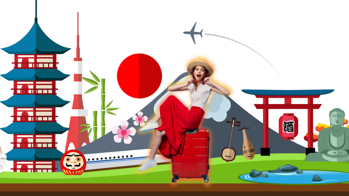 Seen Japan - banner featuring a white woman on a suitcase with a background of stereotypical Japan stuff