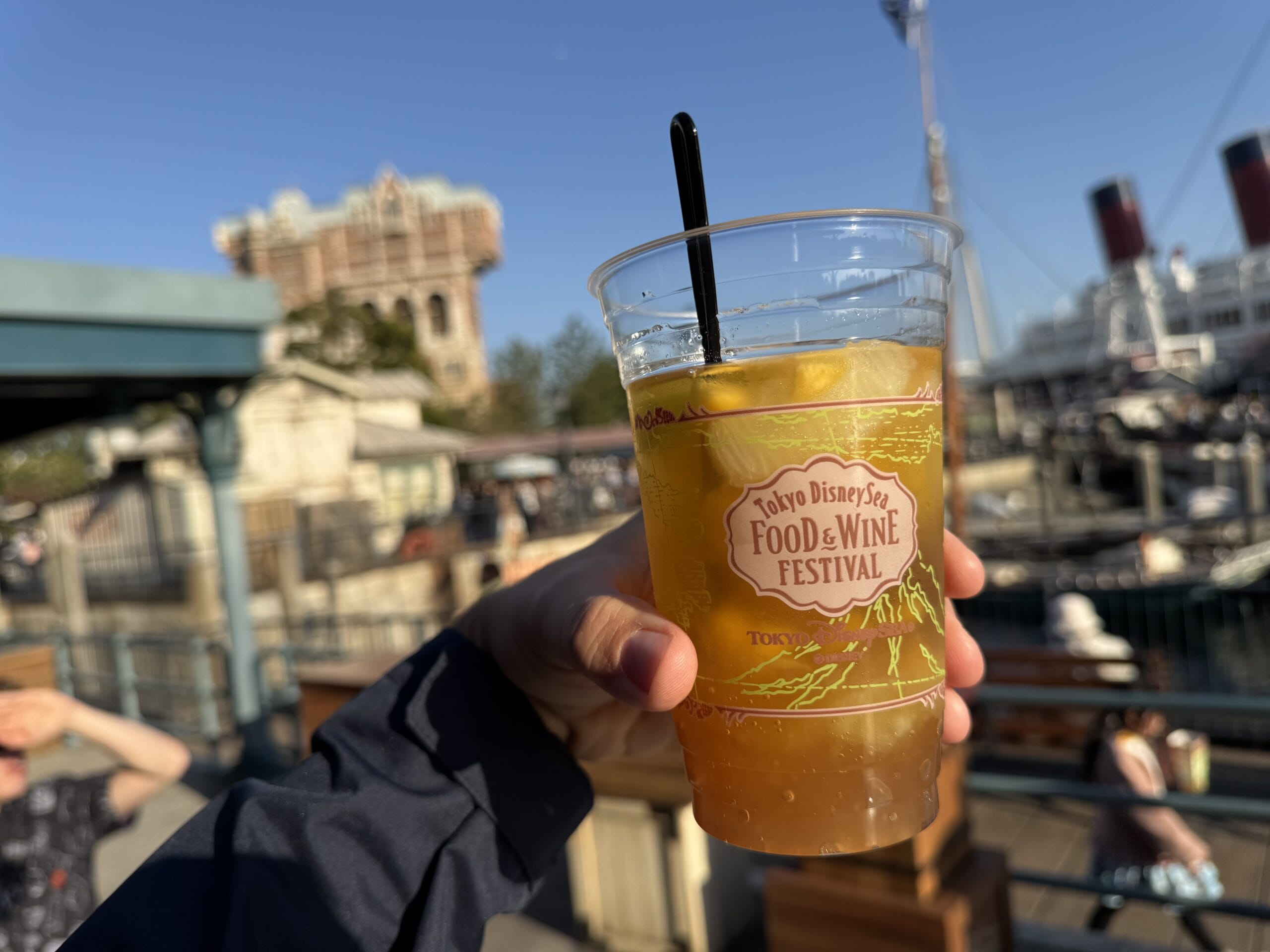 A hand holds a drink in a 2025 Food and Wine Festival cup at an outdoor Tokyo DisneySea event with rides in the background.
