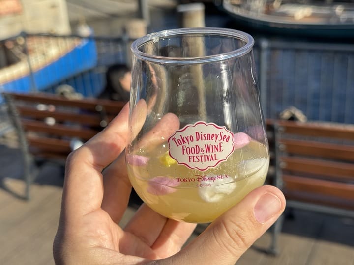 A hand holds a 2025 Tokyo DisneySea Food and Wine Festival drink near wooden benches by the water.