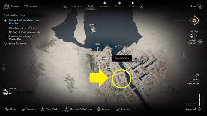 A map screen showing the location of the merchant, Ginroku's shop, in Assassin's Creed Shadows.