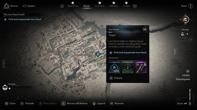 A map screen showing the location of the Iron Hand in Assassin's Creed Shadows.