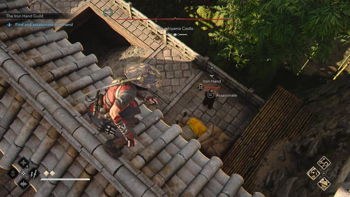 Naoe perched on a rooftop overlooking the Iron Hand in Assassin's Creed Shadows.