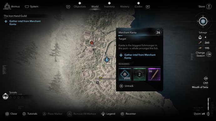 A map screen showing the location of the Iron Hand Guild member Kanta in Assassin's Creed Shadows.