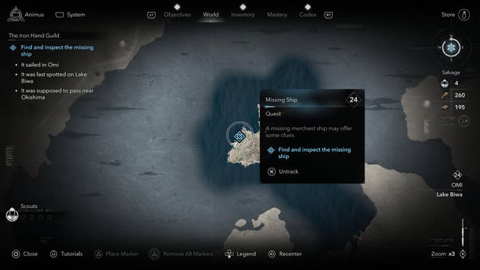 A map screen showing the location of the Merchant Kanta's lost ship in Assassin's Creed Shadows.