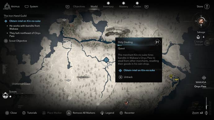 A map screen showing the location of a cache of information on the Merchant, Kin-no-suke, in Assassin's Creed Shadows.