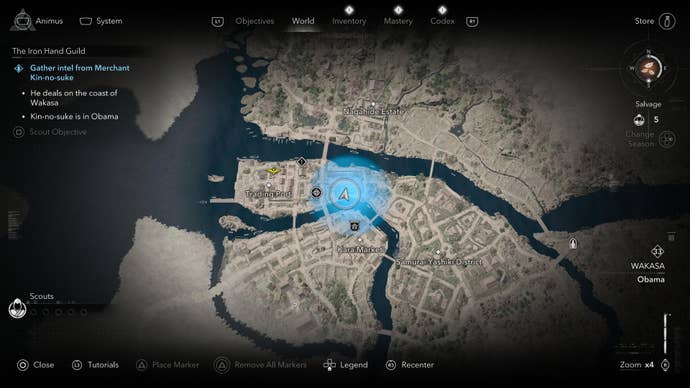 A map screen showing the location of the Iron Hand Guild merchant, Kin-no-suke, in Assassin's Creed Shadows.