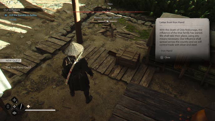 Naoe reading a letter from the Iron Hand Guild in Assassin's Creed Shadows.