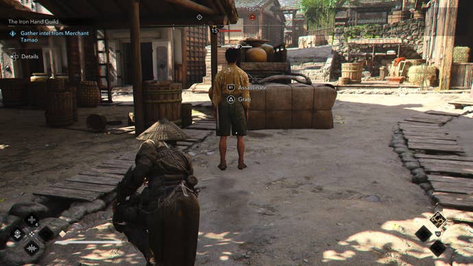 Naoe creeping up on Merchant Tamao from the Iron Hand Guild in Assassin's Creed Shadows.