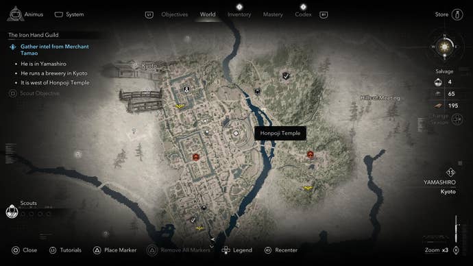 A map screen showing the location of Merchant Tamao in Assassin's Creed Shadows.