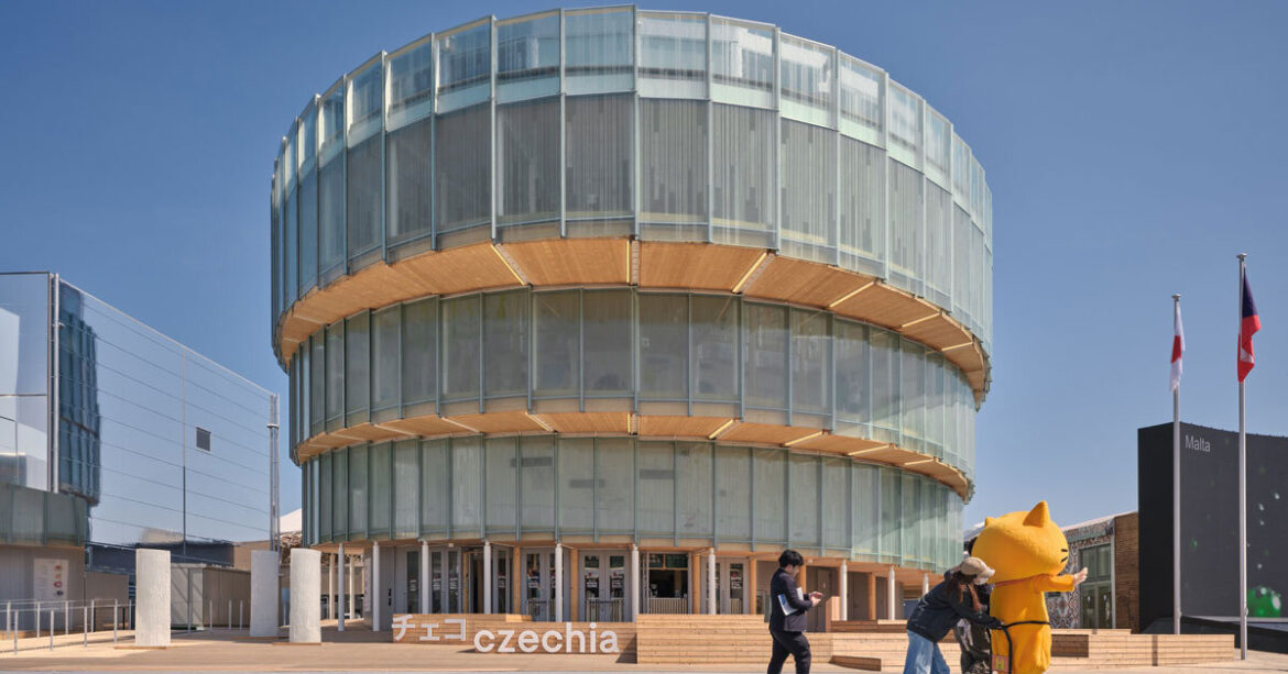 translucent glass facade outlines czech pavilion's spiral form at expo 2025 osaka