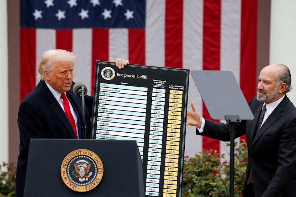 President Donald Trump holds a chart next to U.S. Secretary of Commerce Howard Lutnick as Trump delivers remarks on tariffs in the Rose Garden at the White House in Washington, D.C., U.S., April 2, 2025.