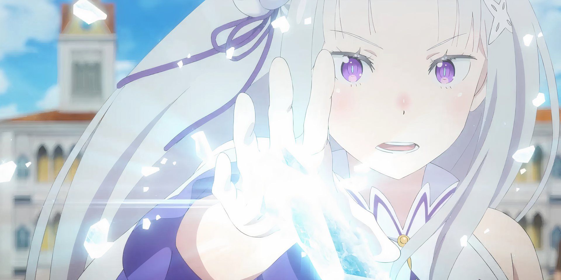 Emilia using ice magic with her hand outstretched in the Re:Zero anime.
