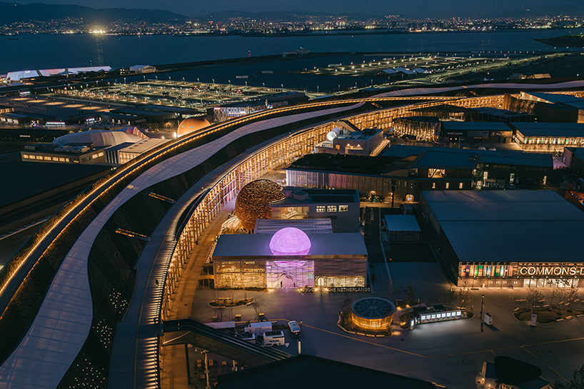giant luminous sphere emerges from white layered netherlands pavilion at expo 2025 osaka