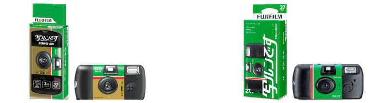 Two Fujifilm disposable cameras with green and black packaging. One camera is shown partially, with its box upright, displaying 27 exposures. The other is fully visible with its box slightly behind.