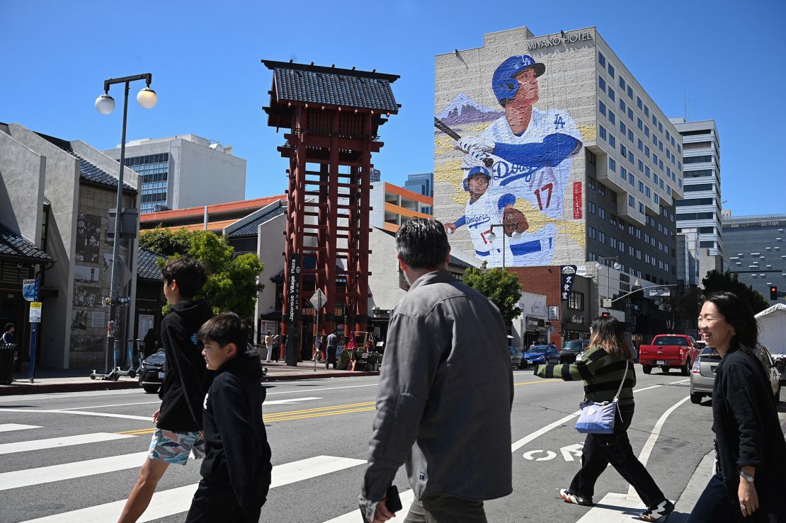 A mural showing Los Angeles Dodgers player Shohei Ohtani is painted on the side of the Miyako Hotel in Little Tokyo in downtown Los Angeles.