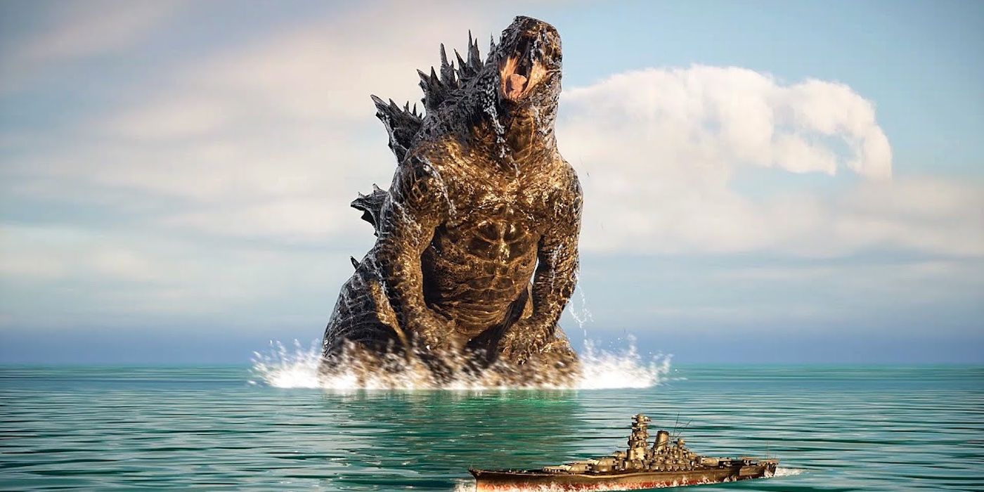 Godzilla standing in the ocean with a battleship in the foreground in Godzilla Minus One.