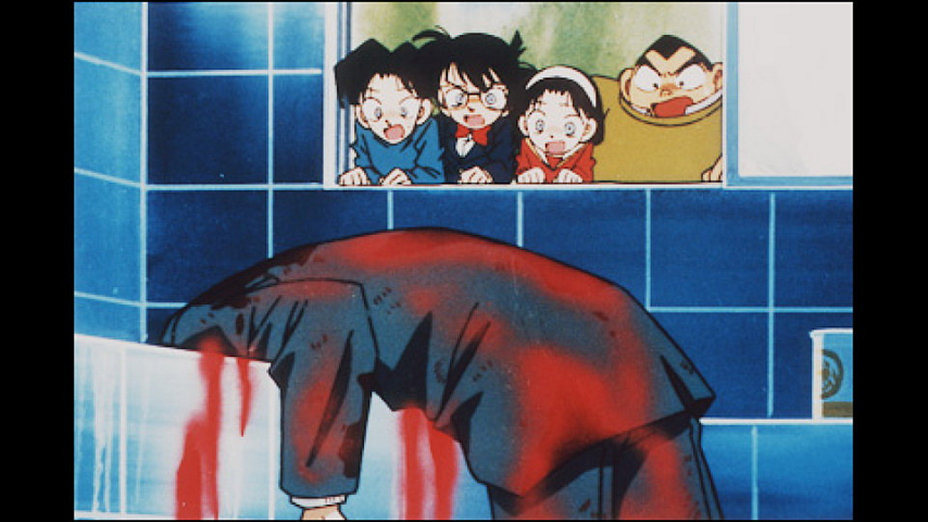 Conan and the Youth Detective Squad stare at a dead man laying on a counter covered in blood