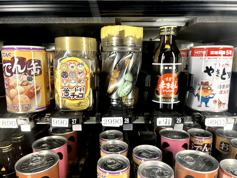 Cans of oden, yakitori, and plastic bugs for sale
