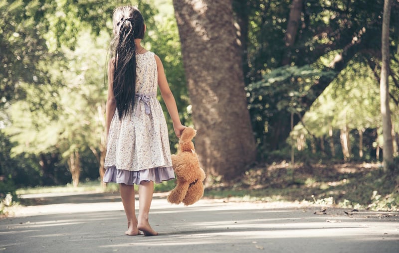 Picture of girl holding a teddy bear by one arm