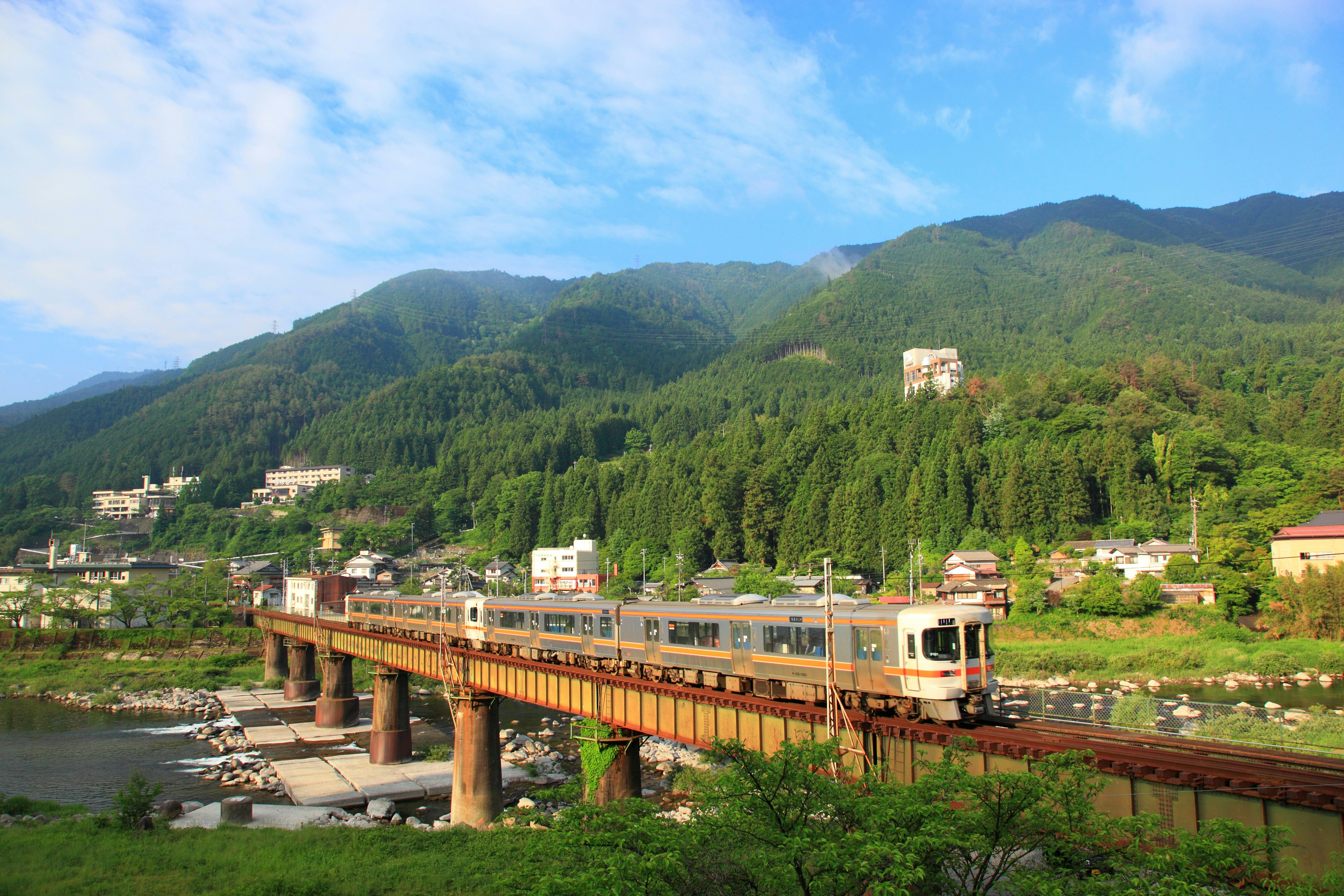 A train travels over a bridge in a mountainous rural area