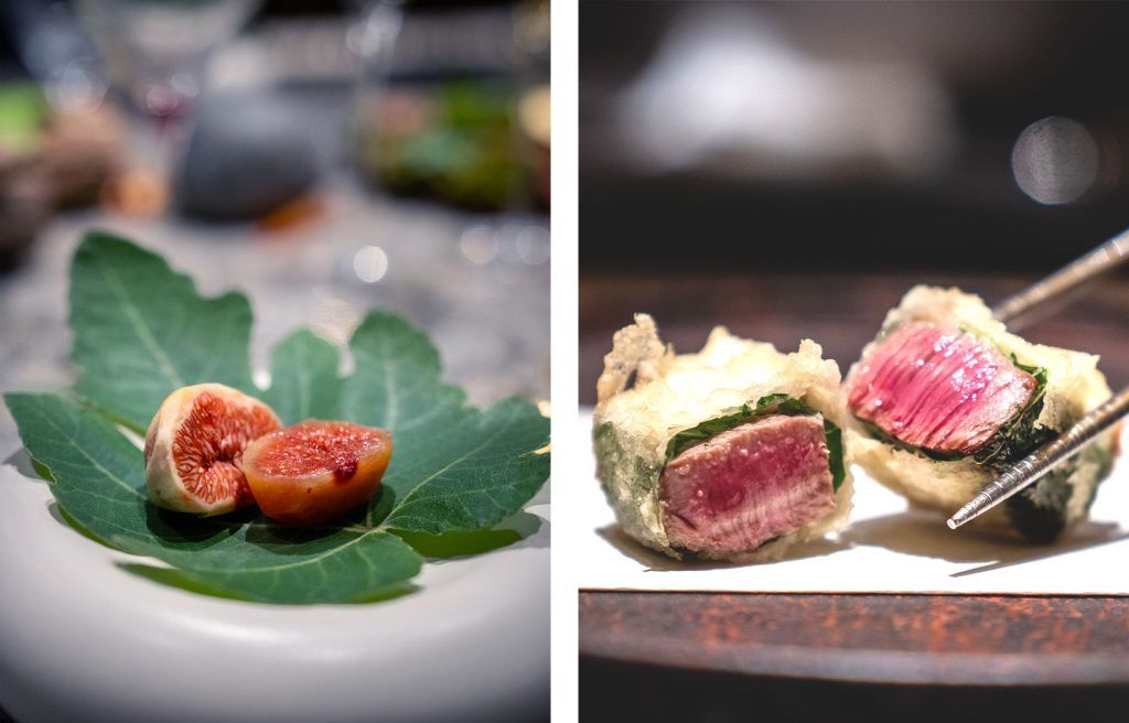 Fresh figs grilled and peeled by chef Katsuhito himself (left) and wagyu tempura in Mizuki (right)