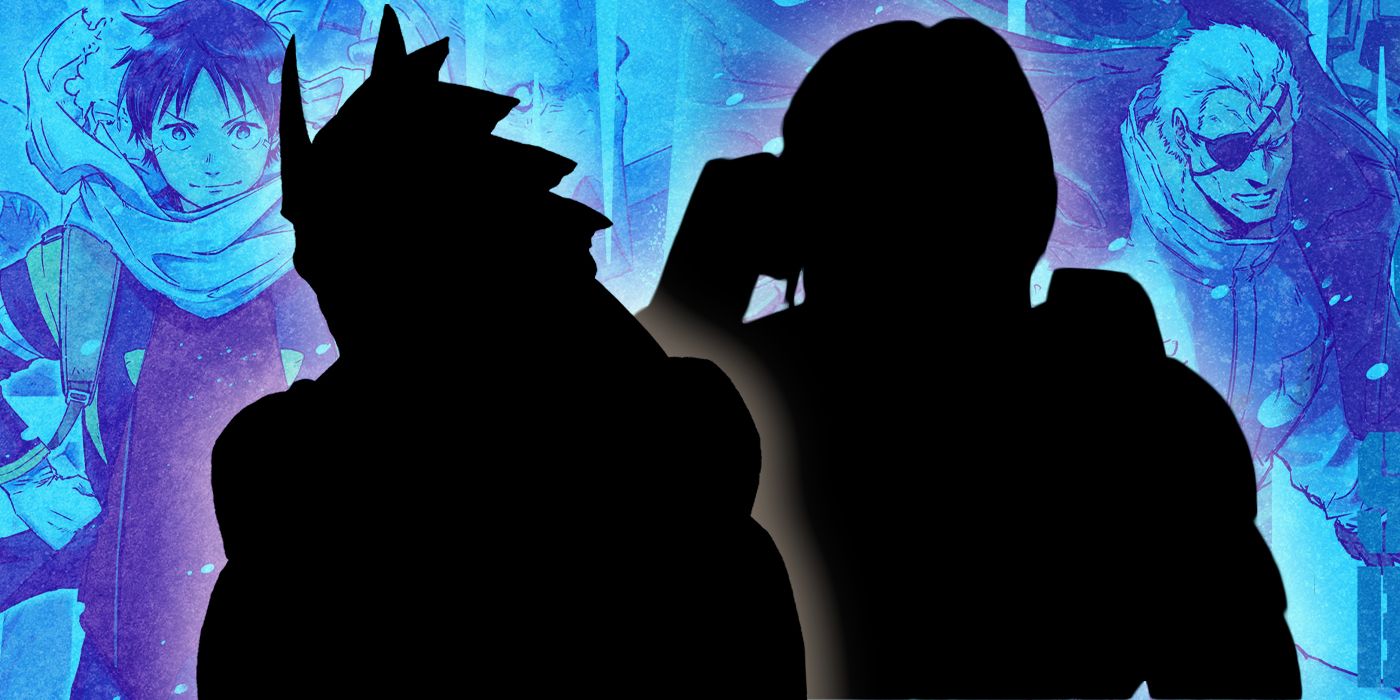 Images from the manga covers with silhouettes from Kaiju NO. 8 and Attack on Titan